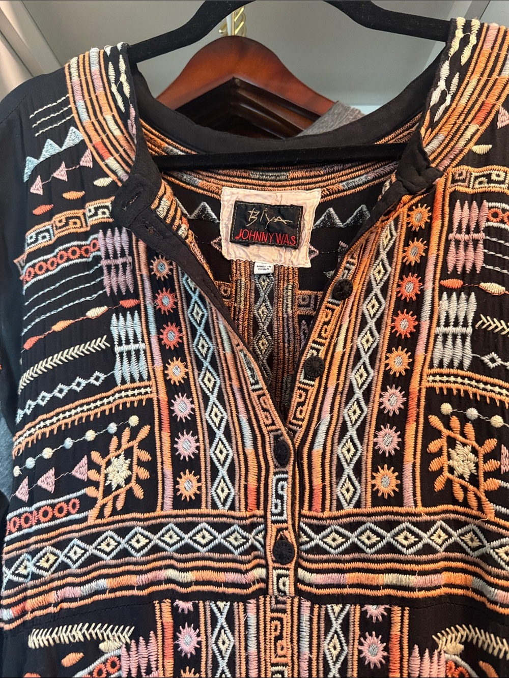 Johnny Was Black Embroidered maxi dress  with Peach and Light Blue Accents